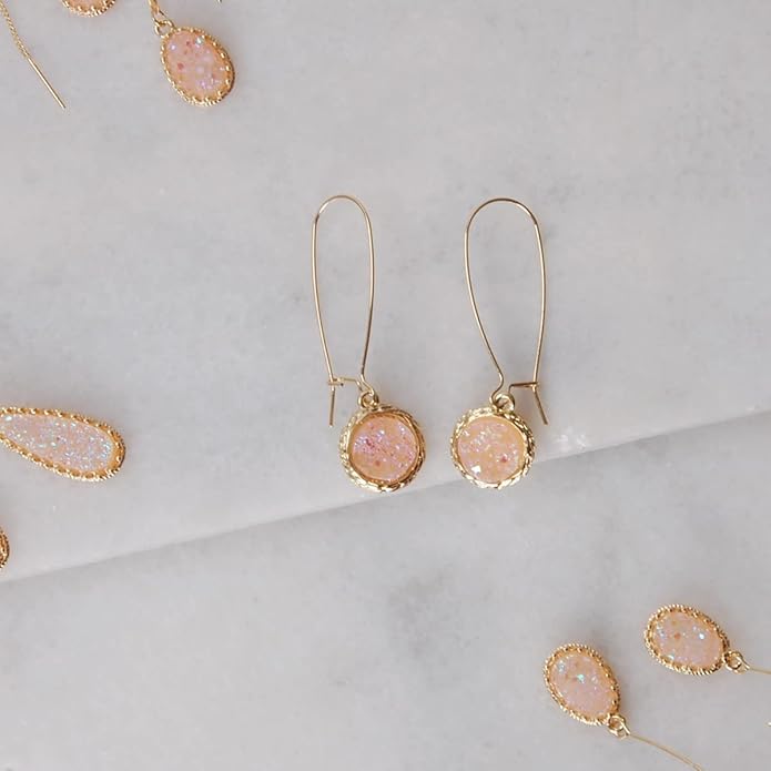 Simulated Druzy Threader Drop Earrings for Women - Gold, Silver, or Rose Gold Tone Trendy Boho Dangles with Sparkly Round Stone