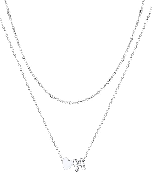 FOCALOOK Layered Initial Necklace for Women, 14K Gold Plated Choker Necklaces Stacks with Initial A-Z, Dainty Silver Heart Pendant Necklace Personalized Birthday Women Jewelry