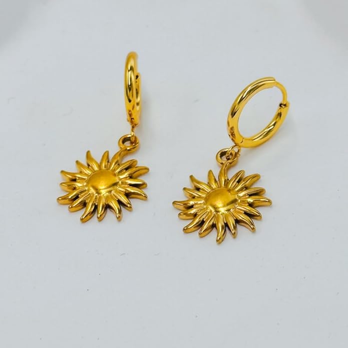 Sunburst Heart Dangle Hoop Earrings, 18K Gold Plated hypoallergenic Stainless Steel Cute Jewelry for Women daily Wear