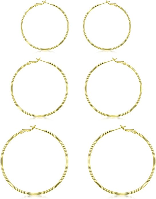 3 Pairs Sterling Silver Hoop Earrings, 14K White Gold Plated Big Hoop Earrings Set for Women 40 50 60MM