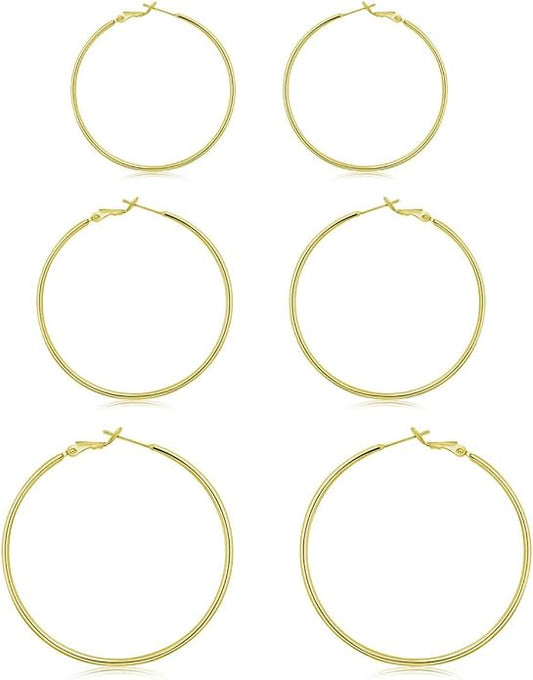 3 Pairs Sterling Silver Hoop Earrings, 14K White Gold Plated Big Hoop Earrings Set for Women 40 50 60MM