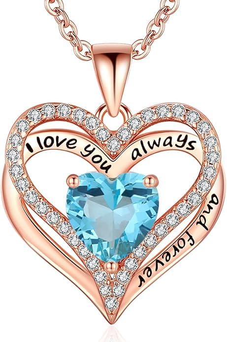 Birthstone Heart Necklace for Women Wife Girlfriend Mom Daughter Gifts S925 Silver Jewelry For Anniversary Rose Gold Gifts For Birthday Christmas Mothers Valentines Day