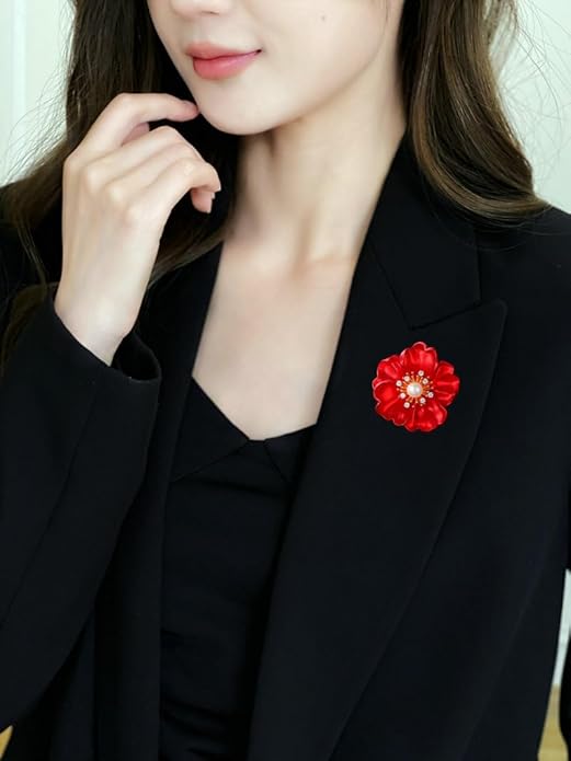 14K Gold Peony Flower Brooch with Freshwater Pearls - Elegant Red Rose Inspired Pin, Ideal for Formal & Bridal Wear, Unique Gift for Her