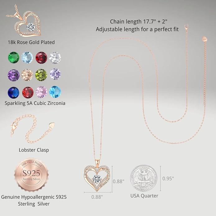 Birthstone Heart Necklace for Women Wife Girlfriend Mom Daughter Gifts S925 Silver Jewelry For Anniversary Rose Gold Gifts For Birthday Christmas Mothers Valentines Day