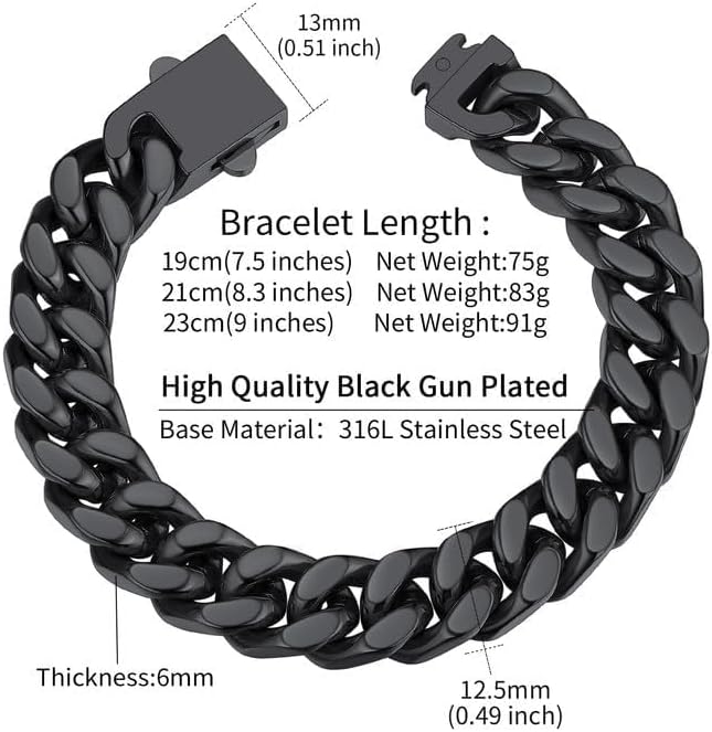 ChainsHouse Stainless Steel Cuban Link Bracelet for Men, 5mm/7mm/9mm/12mm Width, 7.5"/8.3"/9" Length, Black/18K Gold Plated Chain Wrist Bracelets for Men, with Gift Box