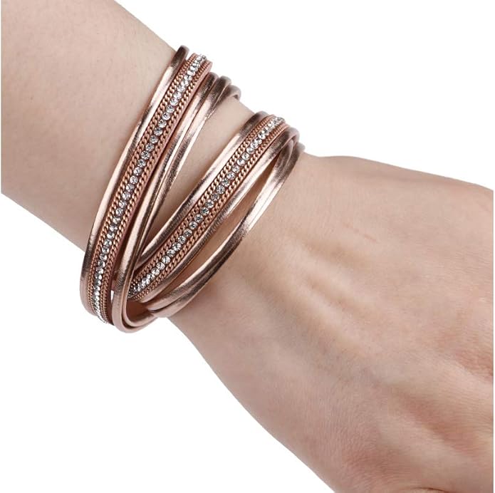 Fesciory Leather Wrap Bracelets for Women, Boho Leopard Multi-Layer Crystal Beads Cuff Bracelet Jewelry