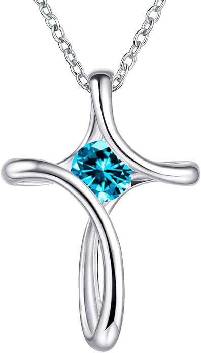 NINAMAID Cross Necklace for Women, 925 Sterling Silver Birthstone Necklace for Women with Diamond Sideways Cross Necklaces Birthstone Jewelry Birthday Gifts for Womens