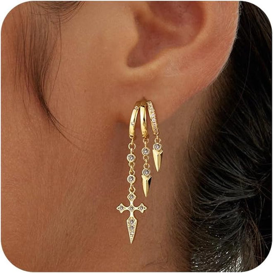 Dangle Earrings for Women,14k Gold Plated Triple Huggie Stud Earrings Dainty Drop Earrings for Women Trendy Gold Statement CZ Long Chain Earrings Non Tarnish Jewelry