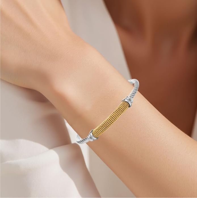 Twisted Cable Bangle Bracelet for Women Gold Plated Lightweight Adjustable Open Cuff Vintage Chunky Jewelry Gift for Her Mom Sister Birthday Christmas