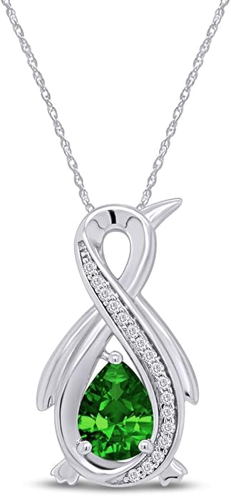 Infinity Penguin Pendant Necklace for Women, 14K Gold Over Sterling Silver with Pear & Round Cut Simulated Birthstone & White Diamond Accents, Dainty Animal Jewelry Gift with 18" Chain