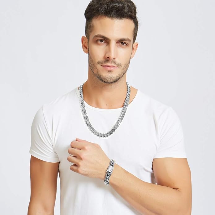Jxlepe Mens Miami Cuban Link Chain White 15mm Stainless Steel Curb Necklace with cz Diamond Chain Choker