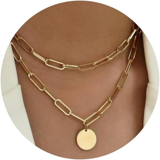 Layered Round Pendant Necklace Gold Plated Dainty Multilayer Choker Layering for Women Necklaces Stylish Minimalist Pendants Simple Chain Stacked Necklace Jewelry Gifts
