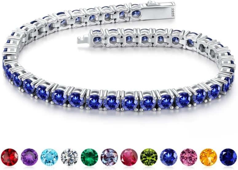 Iefil Christmas Gifts for Women - Size 6.5" - 7" Sterling Silver Tennis Birthstone Bracelet, Anniversary Birthday Gifts for Women