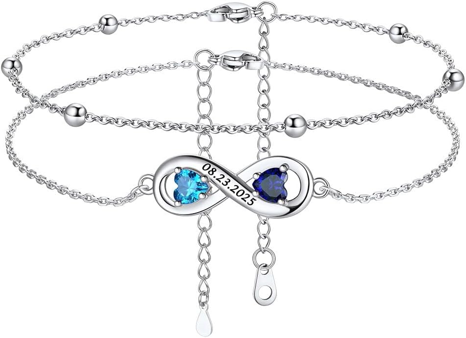 Custom4U Personalized Infinity Ankle Bracelets for Women 925 Sterling Silver Anklet Bracelet Endless Love Symbol Birthstone Charm Adjustable Foot Chain Jewelry Mothers Day Gifts for Mom Wife Women Her