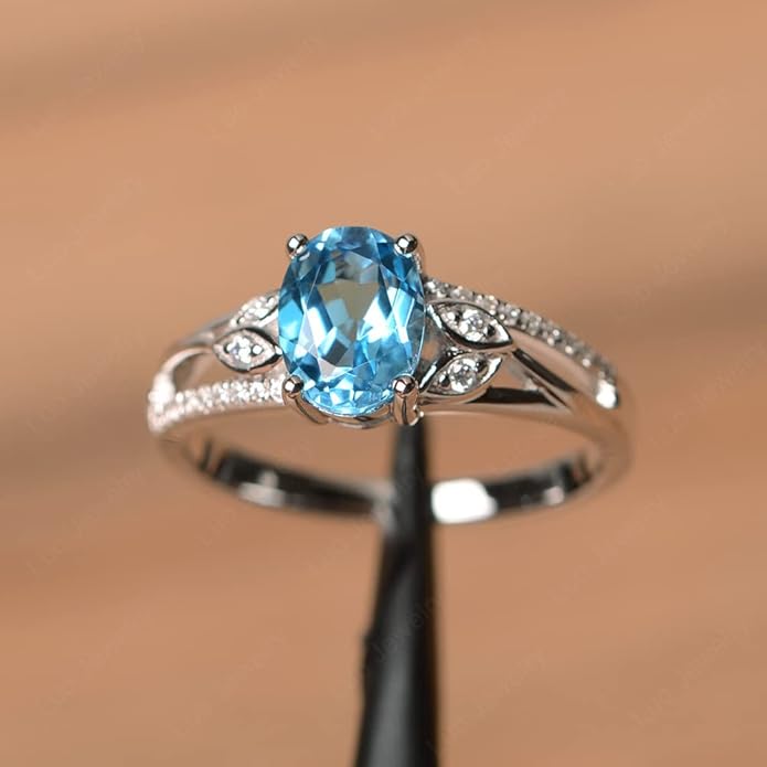 925 Sterling Silver Oval Shaped 8X6 MM Gemstone Ring Leaf Engagement Ring for Women Jewelry