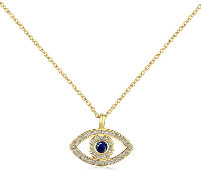 Solid 14K Gold Over 925 Silver Evil Eye Pendant Necklace,Dainty Moissanite and Sapphire Devil's Eye Protection Necklace,Lucky Jewelry Gift for Women