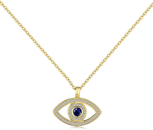 Solid 14K Gold Over 925 Silver Evil Eye Pendant Necklace,Dainty Moissanite and Sapphire Devil's Eye Protection Necklace,Lucky Jewelry Gift for Women