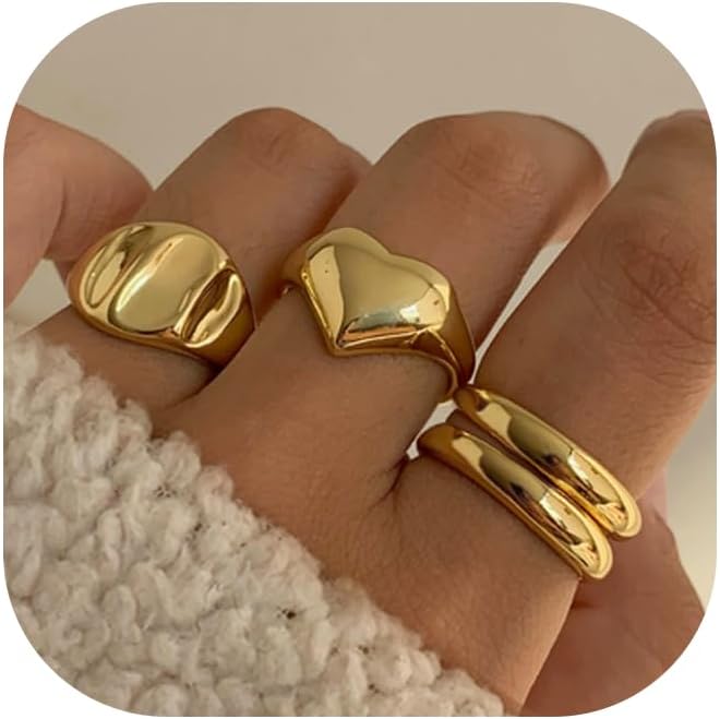 YEEZII Chunky Gold Rings for Women Non Tarnish, 18K Gold Plated Stackable Thumb Ring, Statement Women Rings Set