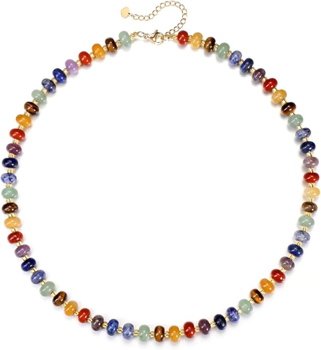 CrystalTears Beaded Gemstone Necklace for Women, Womens Colorful Boho Stone Bead Choker Necklace, Handmade Natural Crystal Stone Summer Beach Jewellery Gifts for Women Mom Christmas