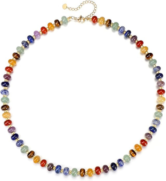 CrystalTears Beaded Gemstone Necklace for Women, Womens Colorful Boho Stone Bead Choker Necklace, Handmade Natural Crystal Stone Summer Beach Jewellery Gifts for Women Mom Christmas