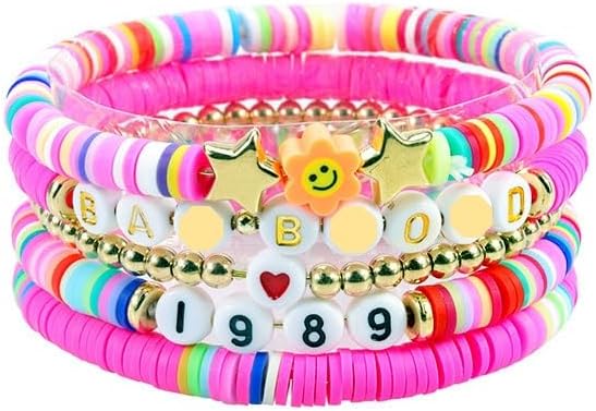 TINAZG QWIE T-Style Cute Pastel Letter Bracelets Set, 5PCS Color Mix Stretch Bead Wristbands for Girls Women Gifts