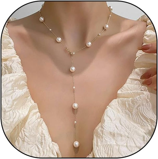 Boho Pearl Y Shape Necklaces for Women, Dainty 14k Gold Plated Pearl Beaded Chain Choker Necklace Trendy Jewelry Accessories Gift