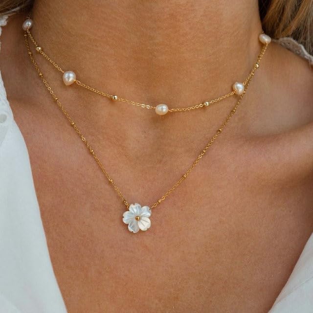 SmileBelle Pearl Necklaces for Women, Daisy Pearl Choker as Y Shaped Pearls Jewelry Gold Heart Necklace for Anniversary Birthday Gifts White Baroque Necklace as Wedding Jewelry