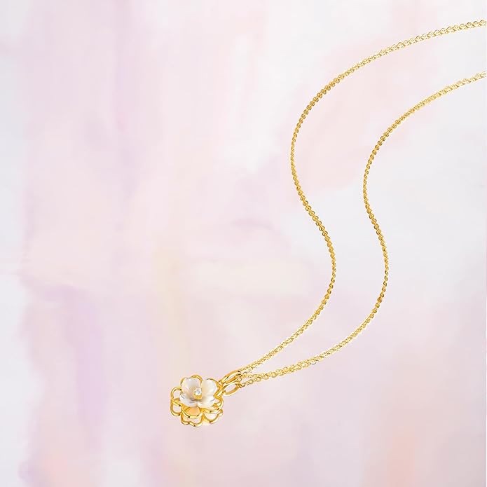 ZHOU LIU FU 18K Gold Hollow Floral Pendant with Mother of Pearl and Diamond Accents Delicate Jewelry Wedding for Bridge (Not Include Necklace) J0411914