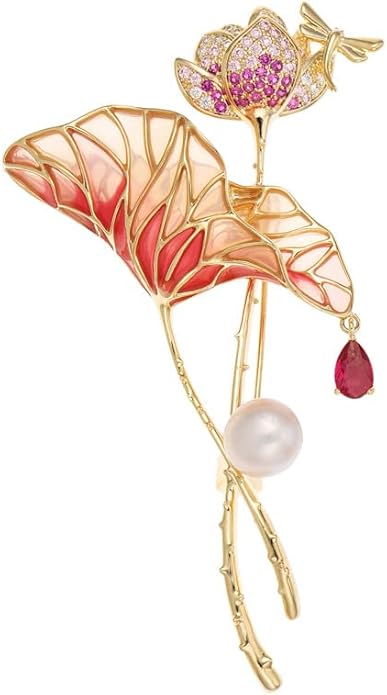 14K Gold Lotus Leaf Brooch with Sparkling Moissanite & Pearl, Elegant Flower Design - Unique Jewelry Gift for All Occasions