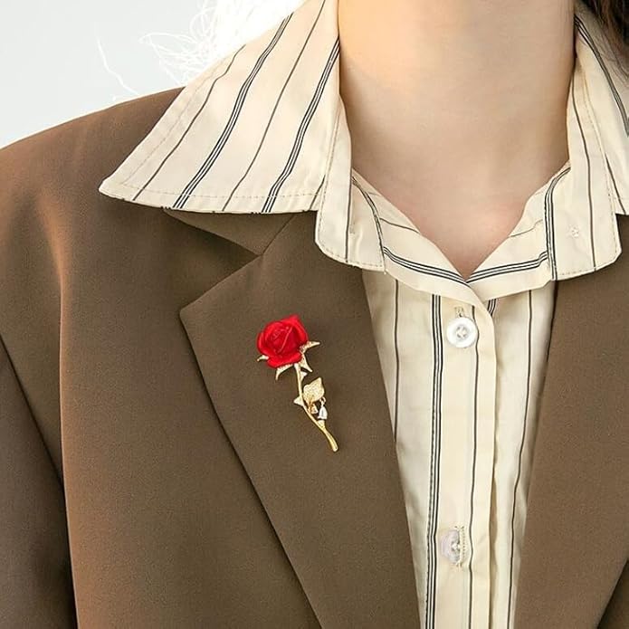 Just Follow Red Rose Flower Brooch with Rhinestones Sparkling Floral Pin for Women Vintage Blazer Jacket Dress Hat Scarf Accessory