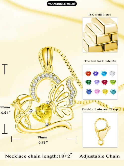 Birthstone Heart butterfly Necklace for Women, Infinity Pendant 14K Gold /18K White Gold Womens Necklaces, Jewelry Anniversary Birthday Christmas Gifts for Her Mom Wife﻿