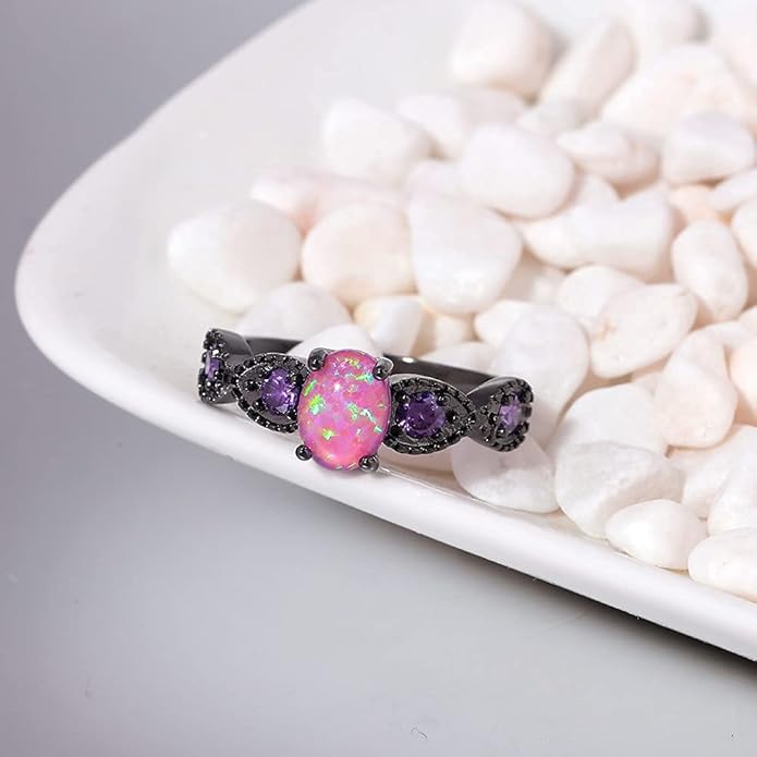 CiNily 18K Gold Plated Opal Ring-White Fire Opal & Amethyst & Cubic Zirconia Women Jewelry Gemstone Engagement Anniversary Ring Size 5-13