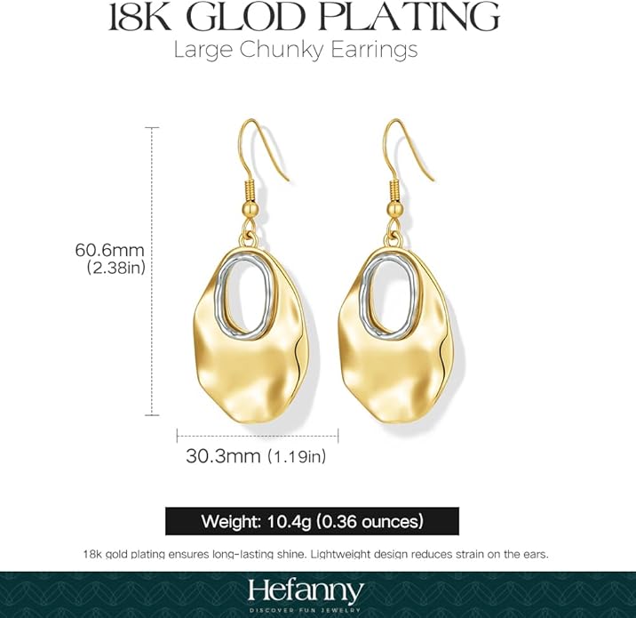 Hefanny Large Hammered Teardrop Dangle Earrings Geometric Chunky Flower Earrings Women's Trendy Statement Jewelry Multiple Styles