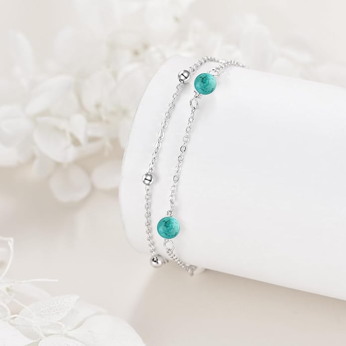 CRMAD Pearl/Moonstone/Larimar/Turquoise/Opal/Black Onyx Bracelet Anklet for Women Sterling Silver Beach Jewelry Gift for Women