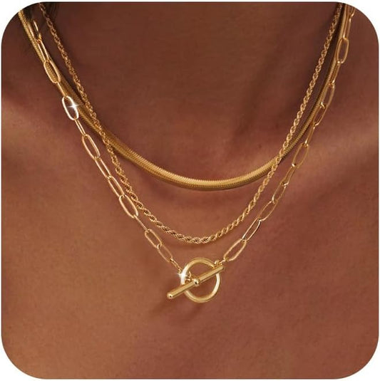Freekiss Gold Layered Toggle Necklaces for Women: 14K Gold Plated Dainty Link Chain Necklaces Paperclip Cuban Rope Adjustable Choker T-Bar Toggle Clasp Chunky Necklace for Women Trendy Jewelry