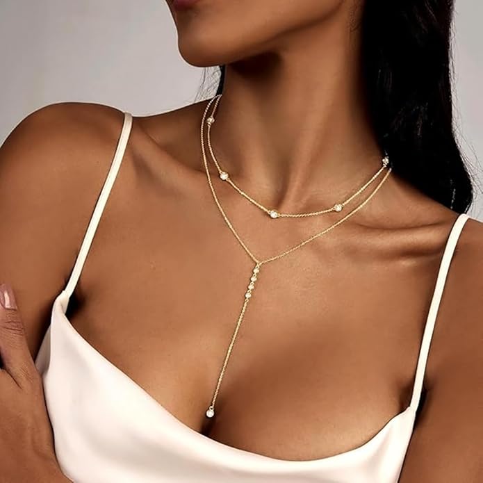 Suyi Lariat Necklace for Women Gold Dainty Long Necklace 14k Gold Plated Y-Shaped Necklaces