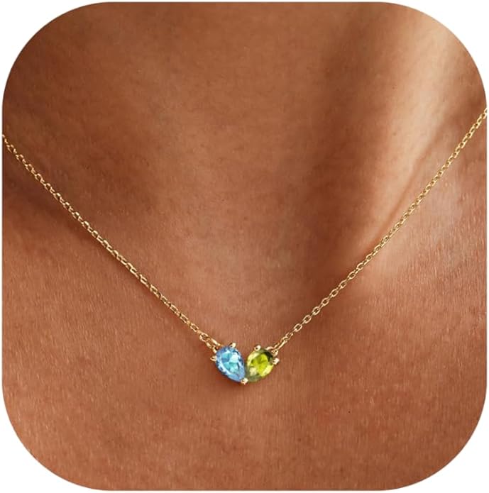 KOHOTA Gold Birthstone Necklace for Women Non Tarnish 14K Gold Plated CZ Heart Pendant Necklaces Dainty 2 Birthstones Emerald Green Charm Necklace for Mother and Daughter Birthday Jewelry Gifts