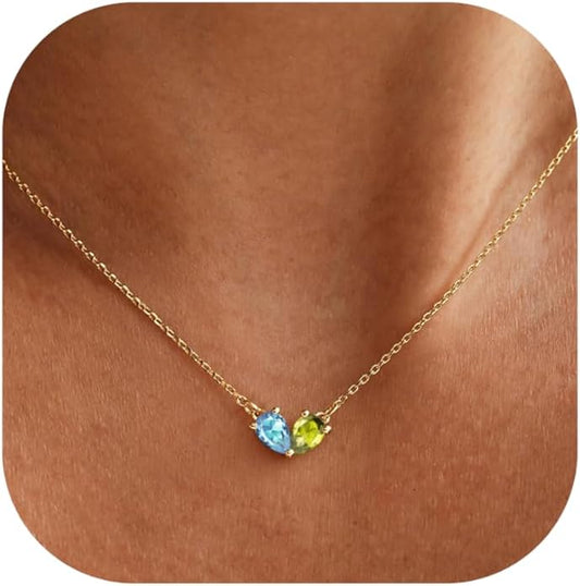KOHOTA Gold Birthstone Necklace for Women Non Tarnish 14K Gold Plated CZ Heart Pendant Necklaces Dainty 2 Birthstones Emerald Green Charm Necklace for Mother and Daughter Birthday Jewelry Gifts