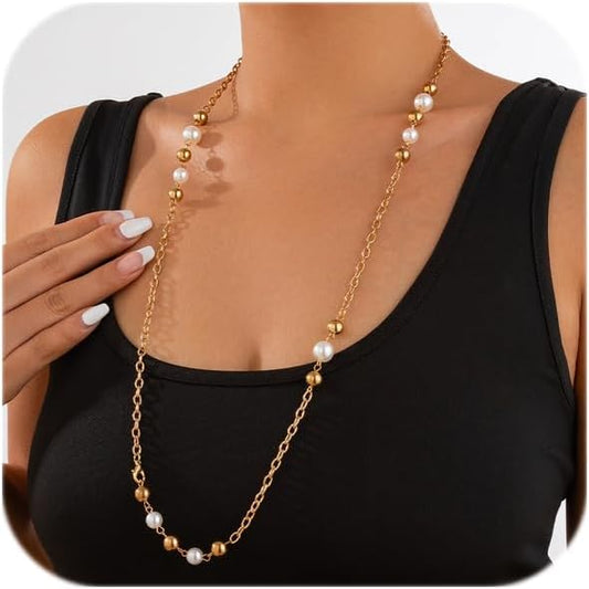 Long Pearl Necklaces for Women Pearl Long Chain Necklace Dainty Gold And Long Pearl Necklaces Layered Pearl Necklace Statement Sweater Strand Chain Jewelry