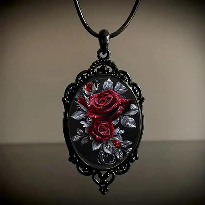 Gothic Rose Glass Necklace for Women Vintage Satan Demon Pendant Halloween Roses Necklaces Dark Punk Style Necklace Victoria Emboss Necklaces Mystic Witch Jewelry Gift Accessories