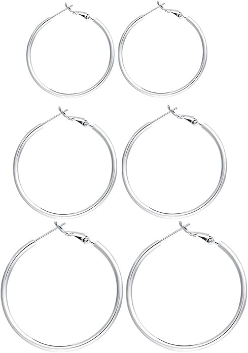 3 Pairs Sterling Silver Hoop Earrings, 14K White Gold Plated Big Hoop Earrings Set for Women 40 50 60MM