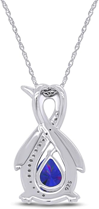 Infinity Penguin Pendant Necklace for Women, 14K Gold Over Sterling Silver with Pear & Round Cut Simulated Birthstone & White Diamond Accents, Dainty Animal Jewelry Gift with 18" Chain