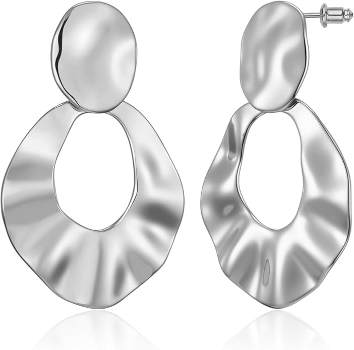 Hefanny Large Hammered Teardrop Dangle Earrings Geometric Chunky Flower Earrings Women's Trendy Statement Jewelry Multiple Styles