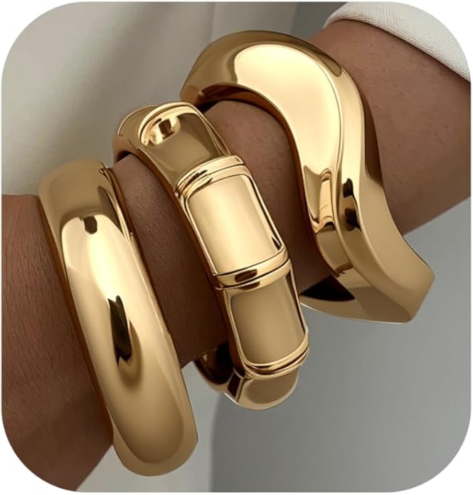 Chunky Gold Bangle Bracelets for Women, 14k Dainty Gold Cuff Stackable Bracelet Set, Trendy Bracelet Stack Fashion Jewelry Gifts