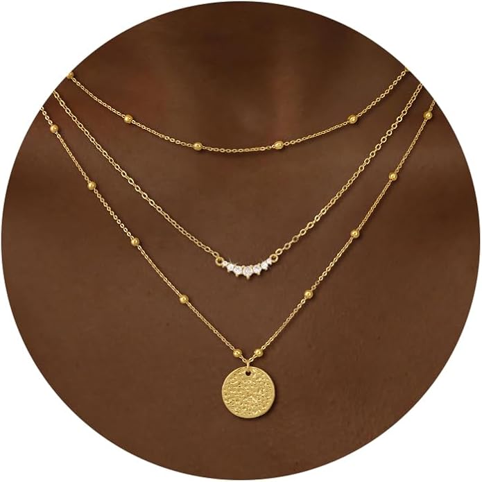 CHESKY 14K Gold Plated Layered Necklaces for Women,Dainty Gold/Silver Plated Chain Necklace CZ Pendant Necklace Adjustable Layering Choker Necklace jewelry Gifts