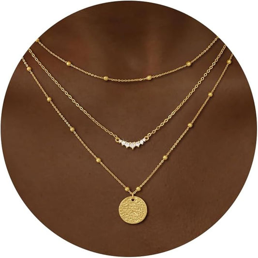 CHESKY 14K Gold Plated Layered Necklaces for Women,Dainty Gold/Silver Plated Chain Necklace CZ Pendant Necklace Adjustable Layering Choker Necklace jewelry Gifts