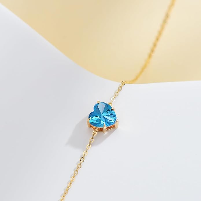 14k Gold Love Heart Gemstone Bracelet for Women,7MM Heart-cut Created Birthstone Anniversary Birthday Mother's Day Bracelets Jewelry for Mom Her 6.5''+2''