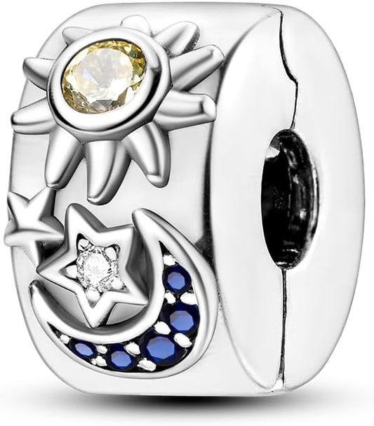 Parmuz Clip Spacer Charm for Bracelet 925 Sterling Silver Pave Cubic Zirconia Lock Stopper Bead Star Moon Evil Eye Jewelry Charm for Woman