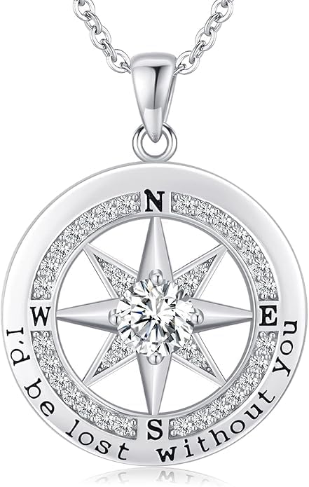 Compass Necklace for Women Wife Girlfriend Mom Daughter Gifts S925 Silver Jewelry For Anniversary Rose Gold Gifts For Birthday Christmas Mothers Valentines Day 12 Birthstones