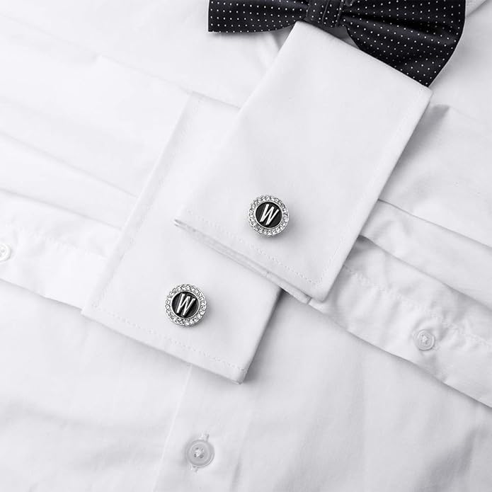 HAWSON A-Z Initial Cufflinks for Men and Women with Clear Crystal, Gold Silver Color Rasied Letter A-Z Cuff Links for French Shirt, Gift for Normal and Business Wearing